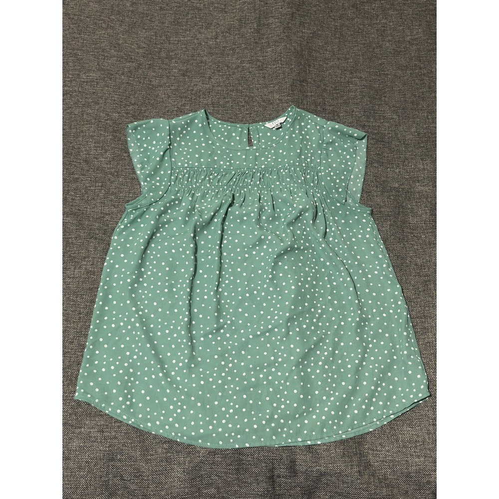 Q&A Women's Small Blouse Green Polka Dot Cap Sleeve Pleated T50142-B